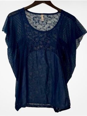 Free People Navy Lace Mixed-Material Short Sleeve Top